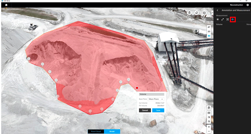 Выделение области насыпи в DJI Terra для расчета объема с указанием параметров