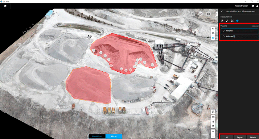 Расчёт объёмов нескольких насыпей в DJI Terra с аннотацией зон и функциями экспорта