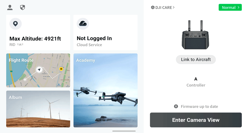 Интерфейс приложения DJI с подключением к контроллеру и настройками полёта