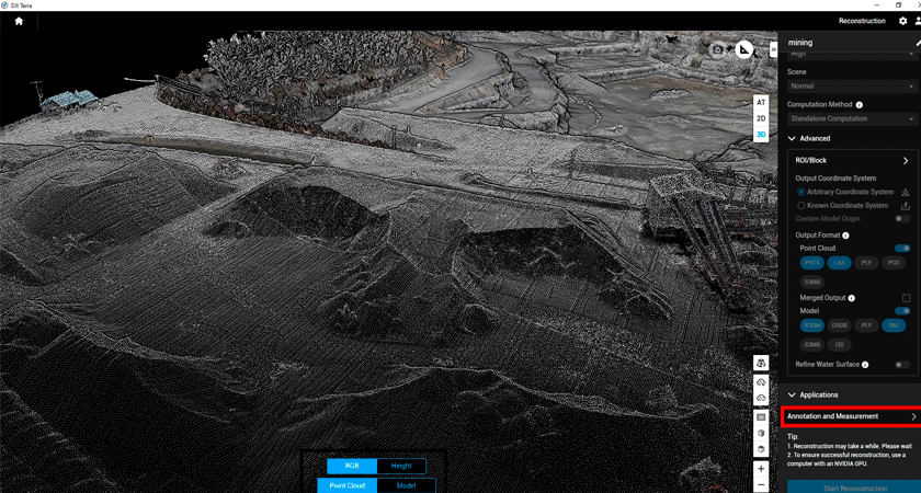 3D-модель горнодобывающего участка в DJI Terra с активным режимом измерений и аннотаций