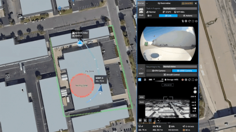 Интерфейс DJI FlightHub 2 с отображением зоны полёта дрона на карте. Видна область с ограничением полётов (No Fly Zone), траектория маршрута и видеопоток с камеры дрона