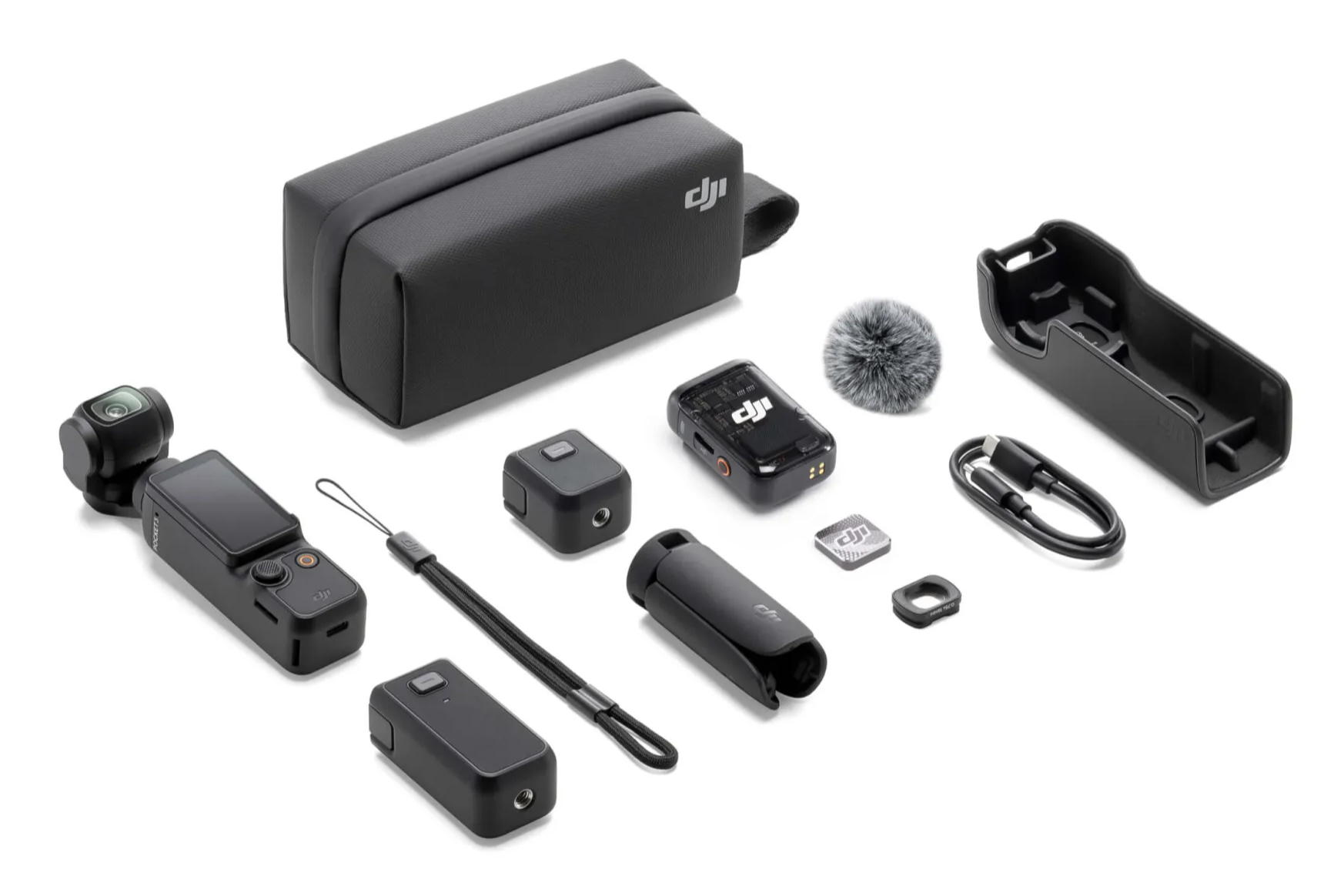 Комплектация DJI Osmo Pocket 3 Creator Combo: камера, чехол, микрофон DJI Mic 2, аккумуляторная ручка, насадки и аксессуары.