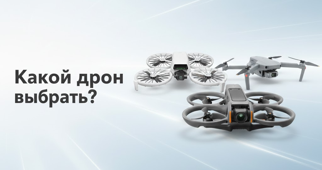 Баннер с надписью «Какой дрон выбрать?» и тремя моделями дронов на светлом фоне