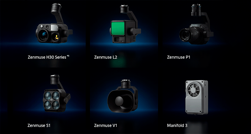 Совместимые полезные нагрузки для DJI Matrice 400: камеры Zenmuse H30, L2, P1, прожектор S1, громкоговоритель V1 и вычислительный модуль Manifold 3