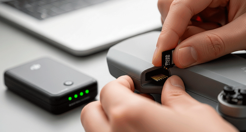 Человек извлекает карту памяти microSD из квадрокоптера DJI, рядом лежит кардридер с индикаторами заряда