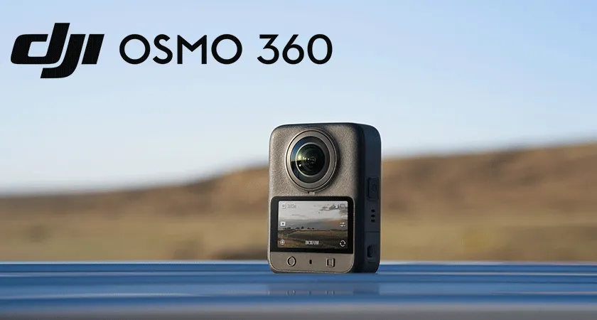 Экшн-камера DJI Osmo 360 на фоне пейзажа - вид спереди с дисплеем и объективом, демонстрация дизайна новинки 2025 года.